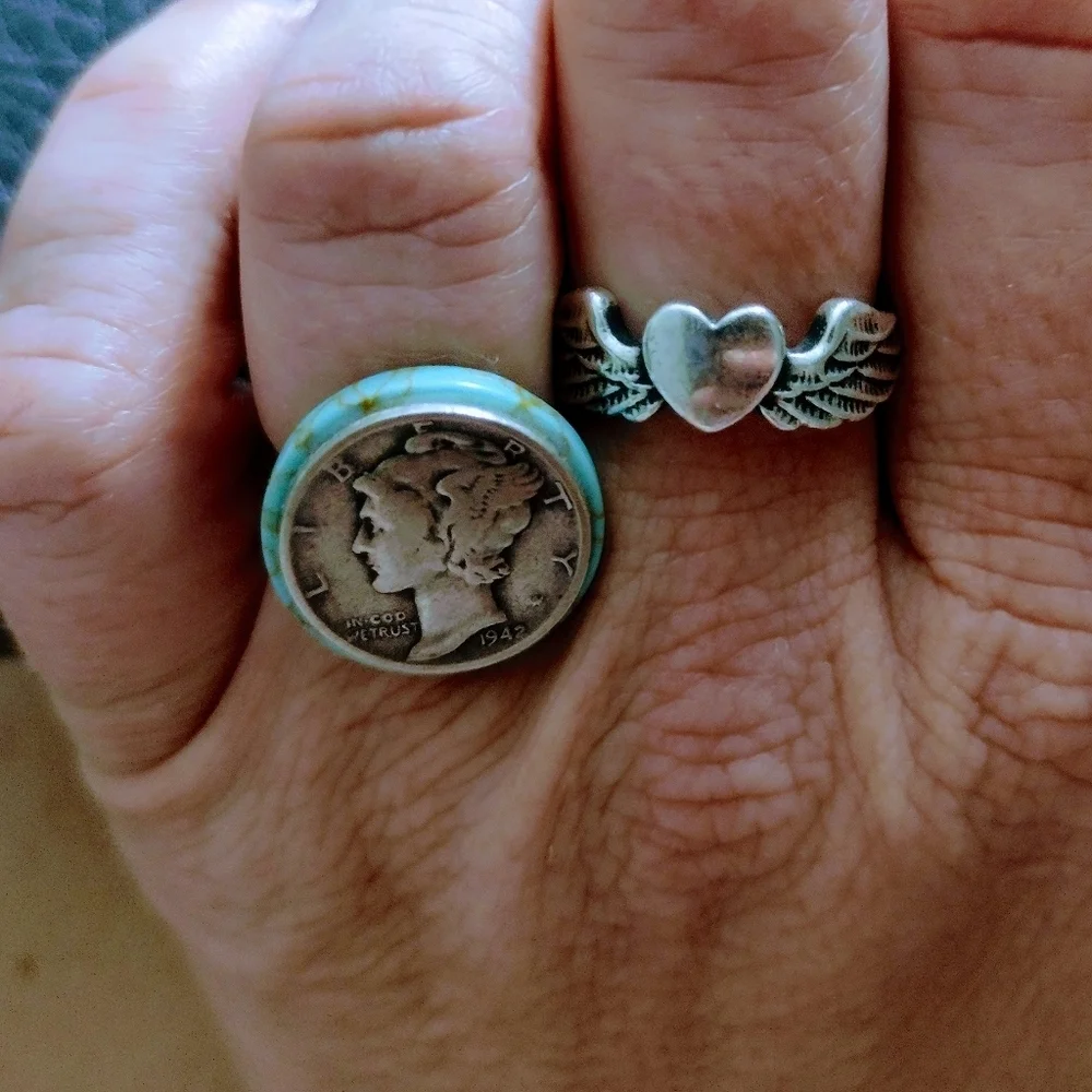 Sale! VINTAGE Handmade Turquoise Silver Mercury Dime Adjustable Ring - Picture 4 of 6